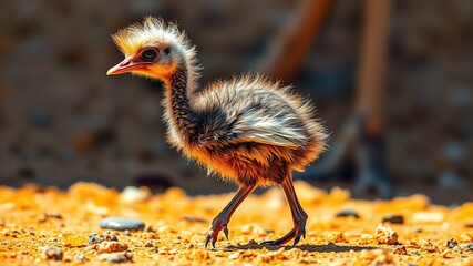 A small, fluffy ostrich chick takes its first wobbly steps on the sun-baked savannah floor, its tiny wings flapping feebly in newfound freedom.