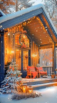 A beautiful tourist house in the yf ski resort decorated for Christmas with chairs on the porch