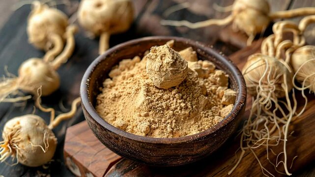 Maca powder and roots sit on a wooden surface