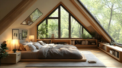 Bedroom Design with Wooden Beams and Large Windows