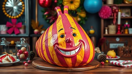 A vibrant, oversized ham-shaped decoration with bright pink and yellow stripes and a big, cheerful grin, sitting on a wooden table amidst festive party decor.