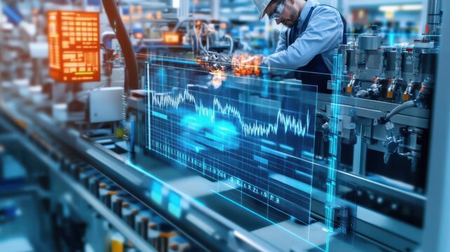 Close-up of an SPC chart with control limits, engineer reviewing data and adjusting process settings in a factory