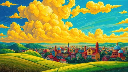 A vibrant cartoon landscape featuring bright blue and yellow clouds, bright green grass, and a sprawling rainbow-colored cityscape with wavy buildings and whimsical architectural details.