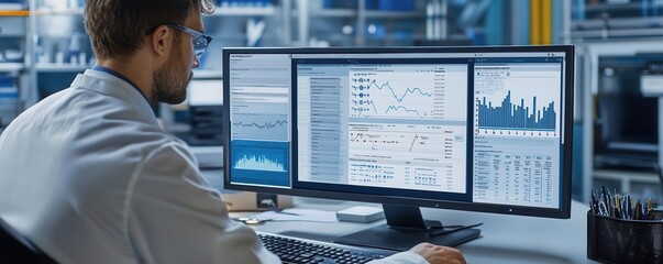 Engineer analyzing statistical control charts and graphs on a computer screen, SPC software interface