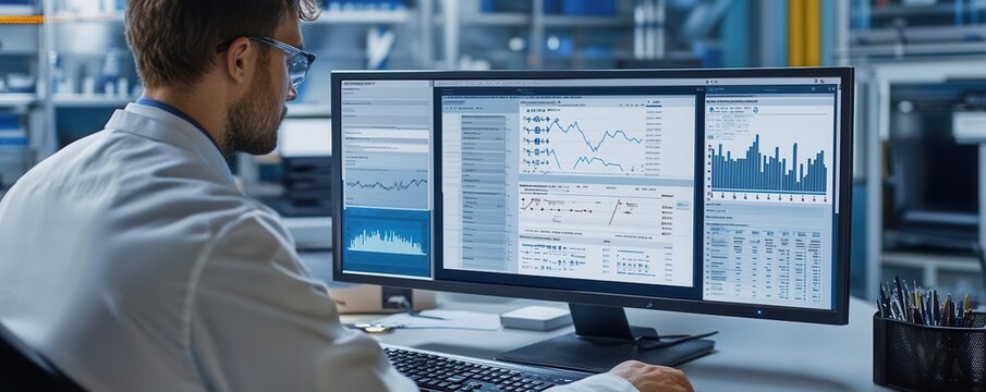 Engineer analyzing statistical control charts and graphs on a computer screen, SPC software interface