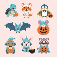 Cute animals in Halloween costumes illustration set