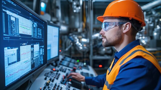 Technician monitoring real-time control charts in a factory control room, focus on process improvement