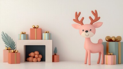 A cute illustration featuring a pink deer next to decorated gifts and a stylized fireplace, perfect for holiday-themed decor.