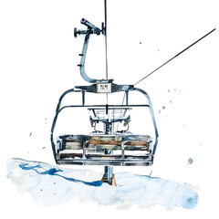 A watercolor illustration of an empty ski lift chair suspended in the air against a snowy backdrop. Perfect for winter and skiing themes.