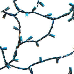 Blue and white festive string lights on a white background, perfect for holiday decor or Christmas celebrations.