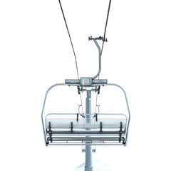 Empty ski lift chair suspended by cables, viewed from below against a clear white background.