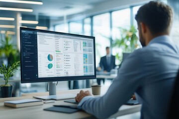 Close-up of procurement software showing supplier bids, procurement officer evaluating contracts in a modern office