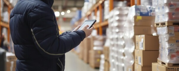 Close-up of purchasing agent using a handheld device to confirm supplier deliveries in a busy warehouse
