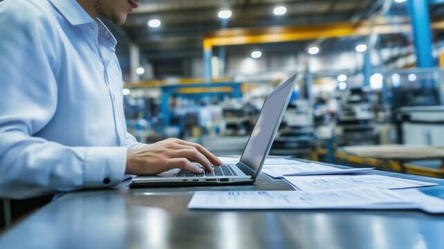 Purchasing agent in a factory office, reviewing purchase orders and supplier agreements on a laptop