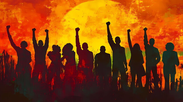 Vibrant harlem renaissance style: group silhouette with power fist - image Renaissance Art. Illustration
