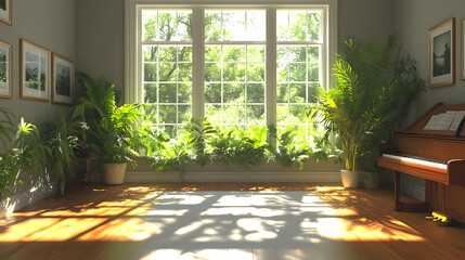 Fototapeta premium Sunbeams Through Window with Piano and Plants