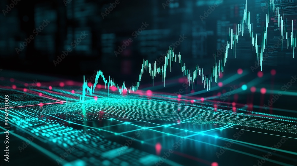 Poster a dynamic digital financial graph showcasing fluctuating data trends and statistics in a futuristic 