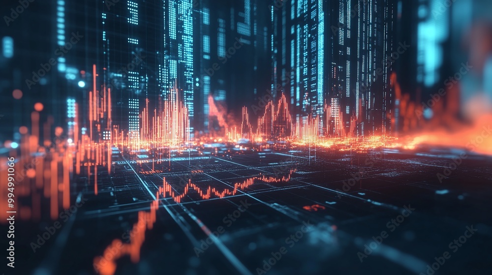 Aufkleber a dynamic digital landscape showcasing vibrant data graphs in a futuristic environment.