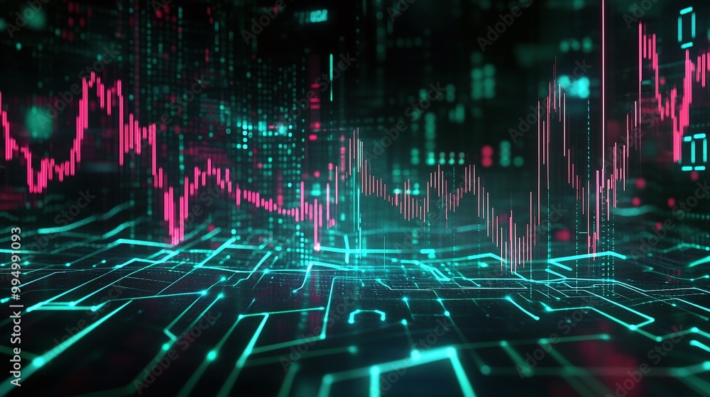 Poster a dynamic digital representation of stock market fluctuations with vibrant neon colors and intricate
