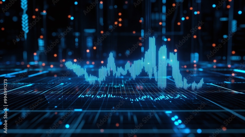 Poster a futuristic data visualization featuring blue graph lines and digital elements on a dark background