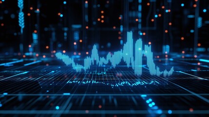 A futuristic data visualization featuring blue graph lines and digital elements on a dark background.