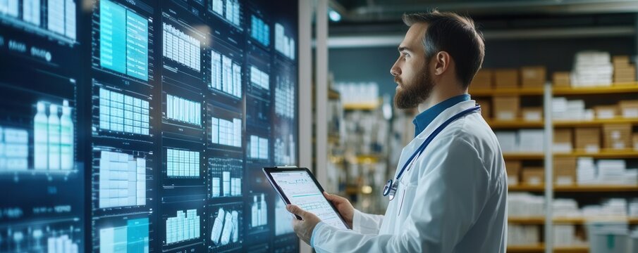 Healthcare logistics manager analyzing supply chain efficiency reports, medical supplies displayed on a large screen