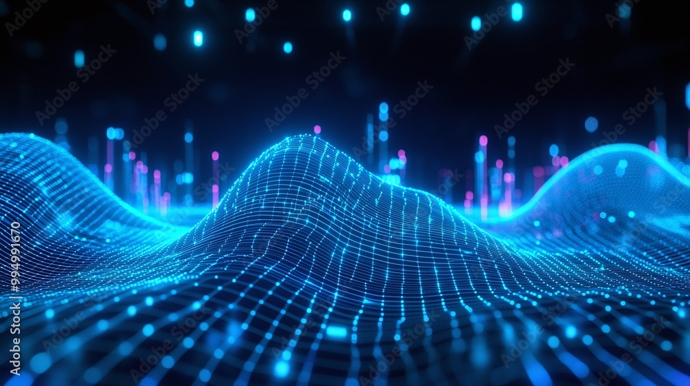 Poster abstract 3d visualization of blue data waves with glowing dots, representing digital connectivity an