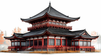 Fototapeta premium Majestic Red and Black Pagoda with Curved Roofs in a Tranquil Setting