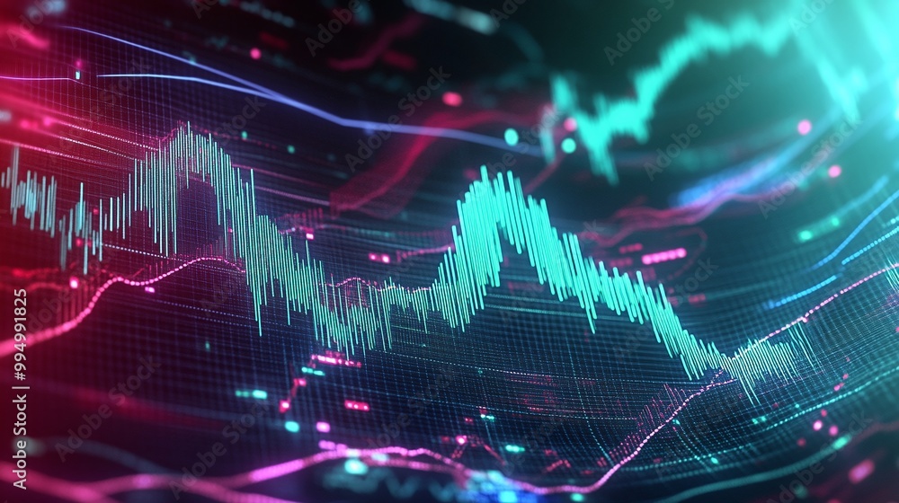Poster abstract colorful digital wave chart representing financial data trends and fluctuations.