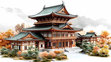 Ancient Temple Architecture in Autumnal Landscape