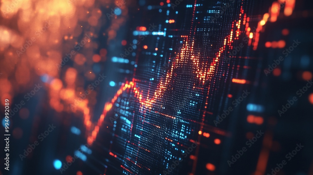 Poster abstract data analysis with glowing graph lines and digital patterns in blue and orange tones.