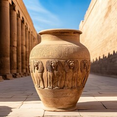 Ancient jar with Babylonian lion reliefs, placed in a sunlit desert temple
