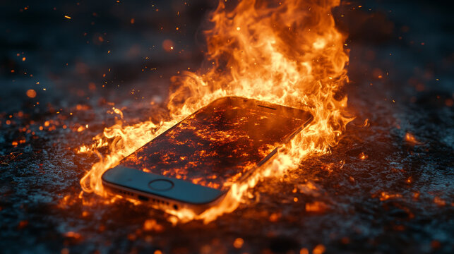 Smartphone engulfed in flames, a cautionary tale of technology's potential danger.