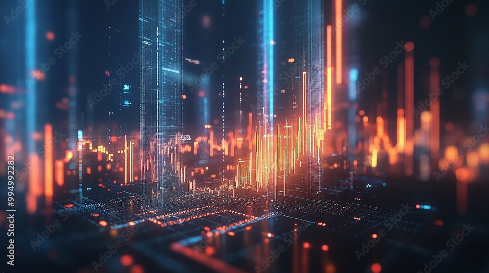 Poster abstract data visualization in vibrant colors, displaying digital connections and information flows 