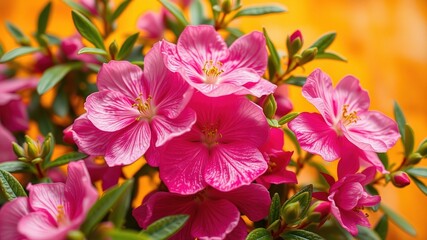 Soft focus macro shot of delicate, petal-like flowers in various shades of pink, from pale blush to vibrant magenta, amidst lush green foliage on a warm, golden background.