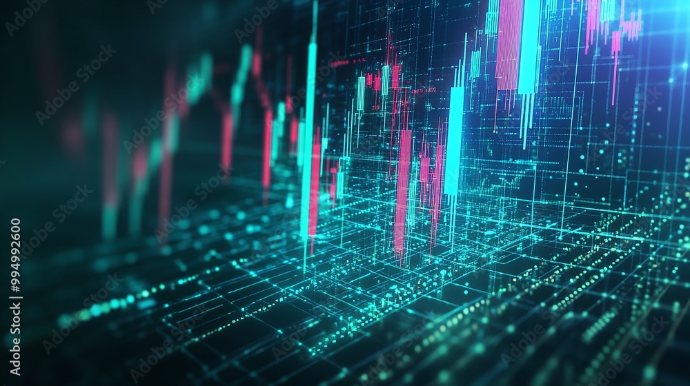 Poster abstract data visualization, digital financial graphs with vibrant colors on a dark background.