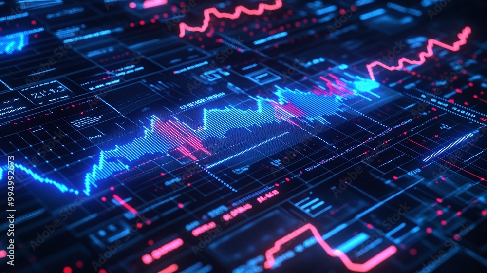 Poster abstract data visualization with blue and pink graphs on a dark background, representing financial t