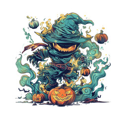 A cartoon witch in a blue hat and cloak, with a glowing face and a pumpkin, surrounded by smoke and fire, with a scary and magical atmosphere.