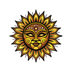 A stylized mask representing the sun with radiant yellow and orange hues.