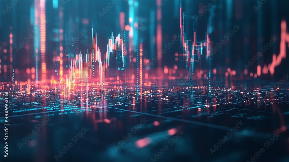 Poster abstract data visualization with colorful graph lines on a dark background, representing digital inf