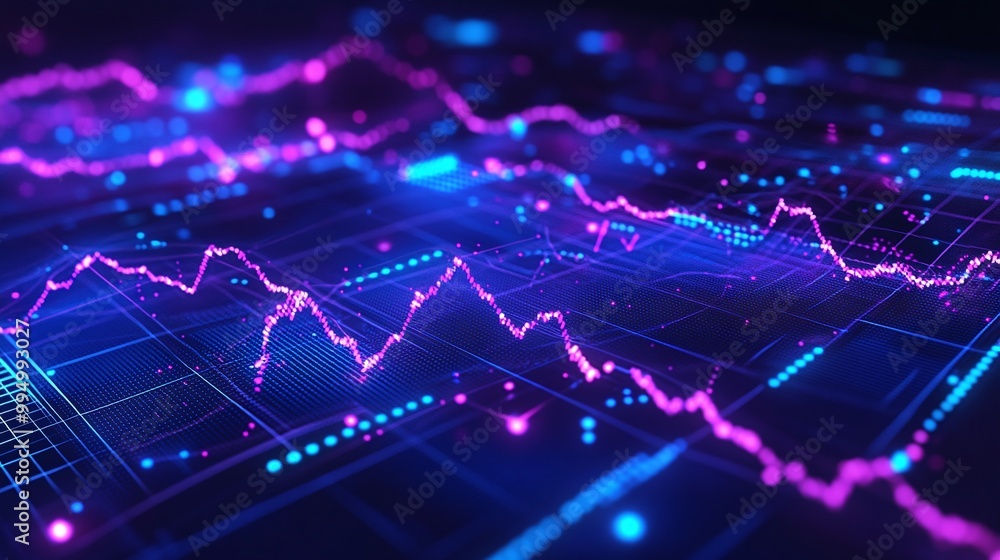 Poster abstract data visualization with colorful graph lines on a dark background, representing trends and 