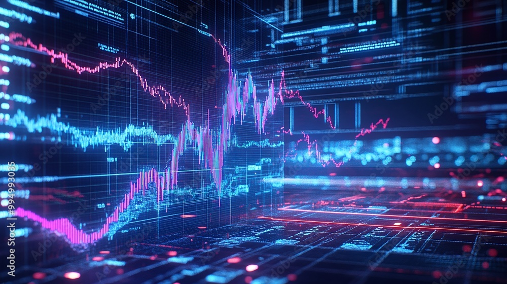 Poster abstract data visualization with colorful graphs and charts in a futuristic digital environment.