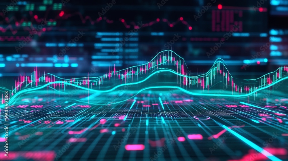Poster abstract data visualization with colorful graphs and charts on a futuristic interface.