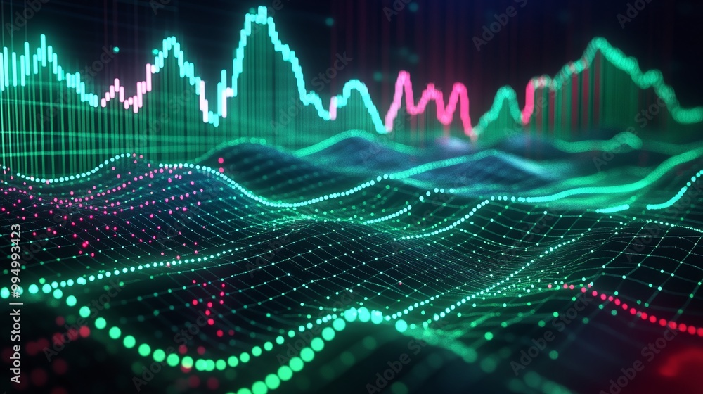 Aufkleber abstract data visualization with colorful wave patterns and digital elements on a dark background.
