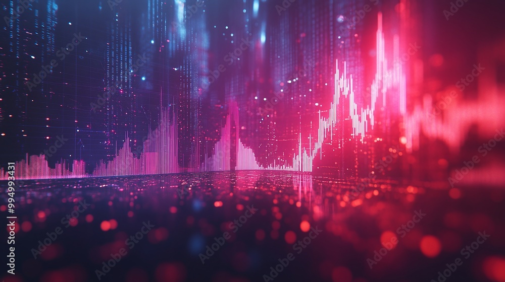 Poster abstract data visualization with colorful waveforms and glowing particles, representing digital tren