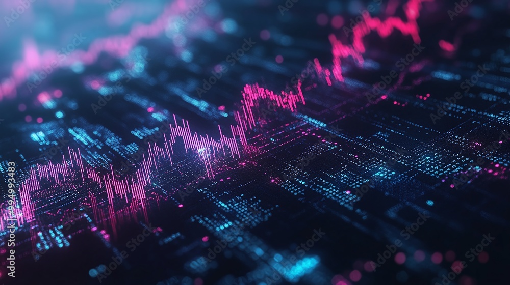 Poster abstract data visualization with digital graphs and glowing lines on a dark background, representing