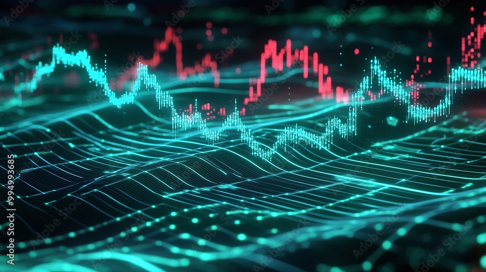 Poster abstract data visualization with dynamic graphs and glowing lines representing digital market trends
