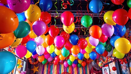 Vibrant balloons and colorful decorations fill a festive room filled with joyous energy, capturing the excitement of a celebrated annual anniversary.