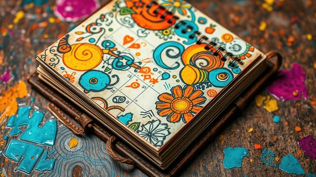 Vibrant colorful doodles adorn the pages of a worn leather-bound calendar, featuring swirling patterns, abstract shapes, and whimsical motifs in turquoise, orange, and yellow hues. - Powered by Adobe