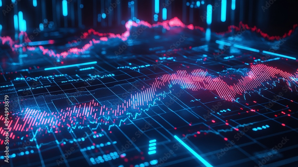Poster abstract data visualization with glowing graphs and charts in vivid colors on a digital grid backgro